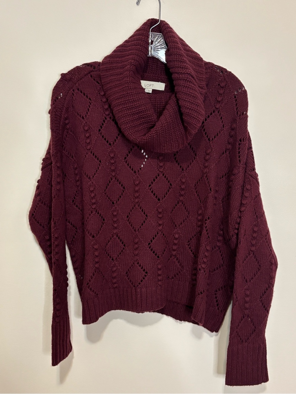 LOFT Burgundy Openwork Cable Cowl Neck Sweater - Picture 2 of 6